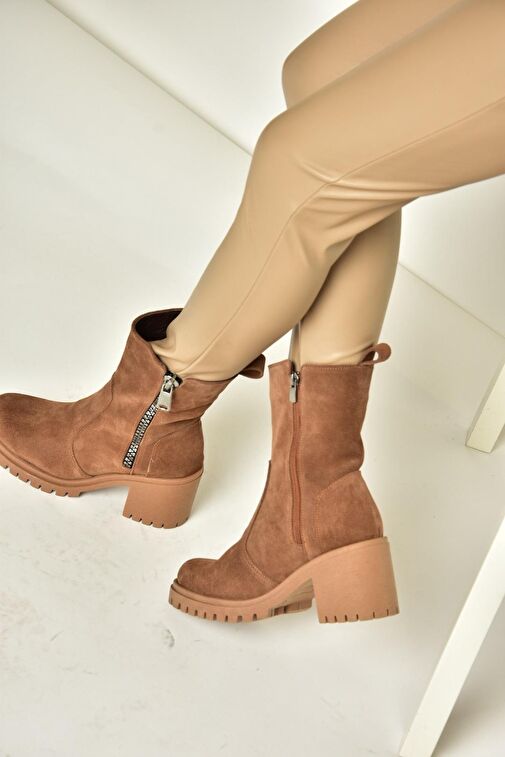 T654095802 Taba Hakiki Süet Kalın Topuklu Kadın Bot - Görsel 3
