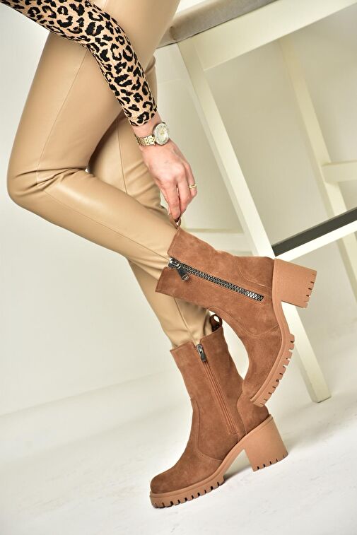 T654095802 Taba Hakiki Süet Kalın Topuklu Kadın Bot - Görsel 5