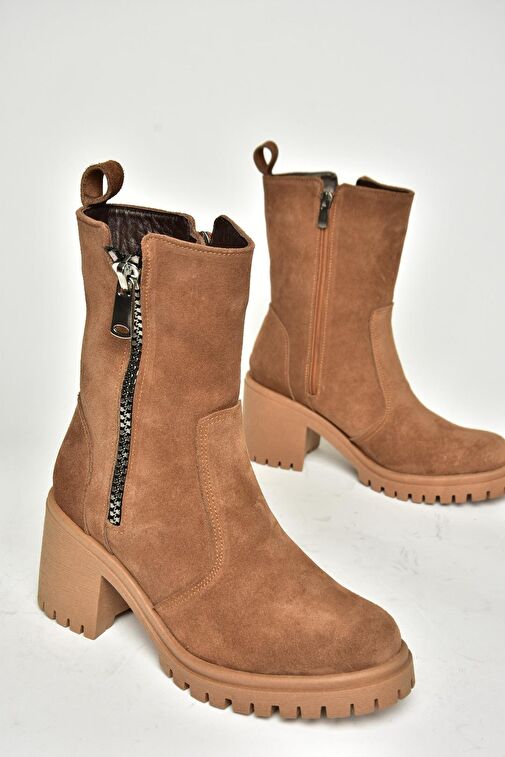 T654095802 Taba Hakiki Süet Kalın Topuklu Kadın Bot - Görsel 6