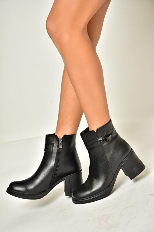 T654035203 Siyah Hakiki Deri Kalın Topuklu Kadın Bot - Görsel 3