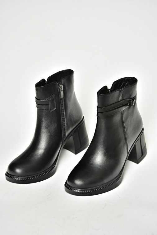 T654035203 Siyah Hakiki Deri Kalın Topuklu Kadın Bot - Görsel 6