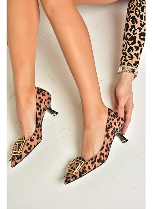 T820010804 Taba Kumaş Sivri Burunlı Kadın Topuklu Ayakkabı - Görsel 6