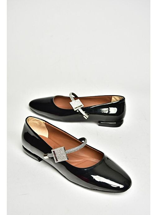 T820190208 Siyah Rugan Taş Detaylı Kadın Babet - Görsel 9