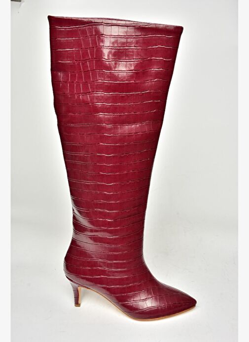 N749204011 Bordo Kroko Baskı Alçak Topuklu Kadın Çizme - Görsel 7
