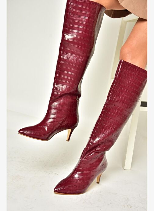 N749204011 Bordo Kroko Baskı Alçak Topuklu Kadın Çizme - Görsel 4