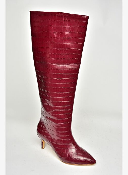 N749204011 Bordo Kroko Baskı Alçak Topuklu Kadın Çizme - Görsel 8