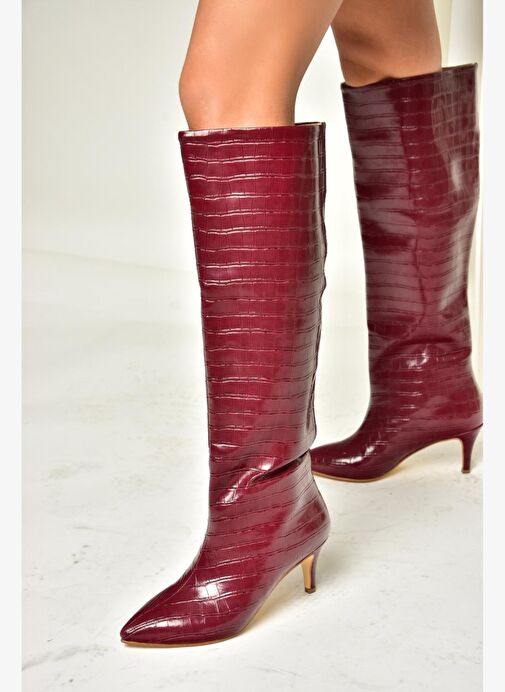 N749204011 Bordo Kroko Baskı Alçak Topuklu Kadın Çizme - Görsel 3