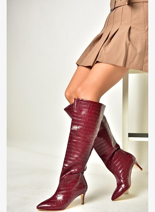 N749204011 Bordo Kroko Baskı Alçak Topuklu Kadın Çizme - Görsel 2