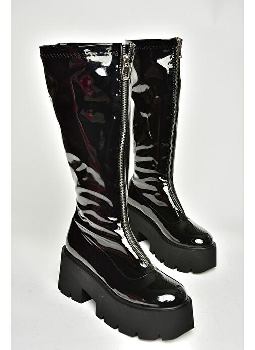 T272903008 Siyah Rugan Kalın Tabanlı Kadın Çizme - Görsel 8