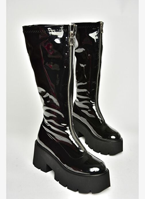 T272903008 Siyah Rugan Kalın Tabanlı Kadın Çizme - Görsel 8