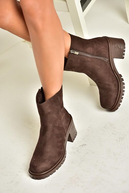T726911102 Kahverengi Süet Kalın Topuklu Kadın Bot - Görsel 2