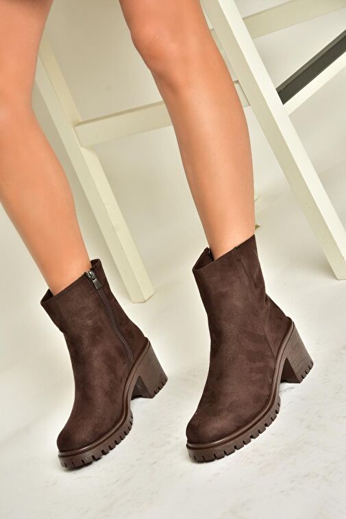 T726911102 Kahverengi Süet Kalın Topuklu Kadın Bot - Görsel 5