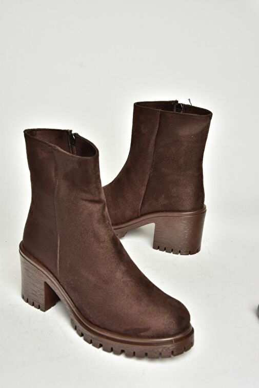 T726911102 Kahverengi Süet Kalın Topuklu Kadın Bot - Görsel 7