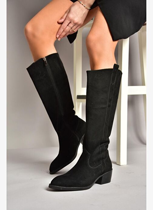 T480142802 Siyah Süet Alçak Topuklu Kadın Çizme - Görsel 3