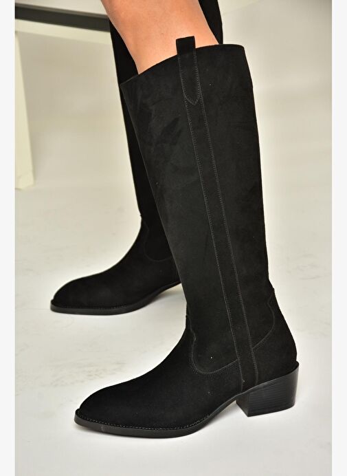 T480142802 Siyah Süet Alçak Topuklu Kadın Çizme - Görsel 5