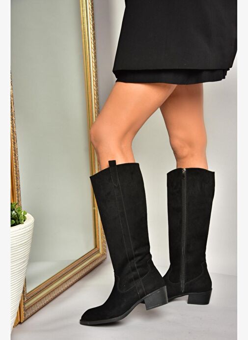 T480142802 Siyah Süet Alçak Topuklu Kadın Çizme - Görsel 2