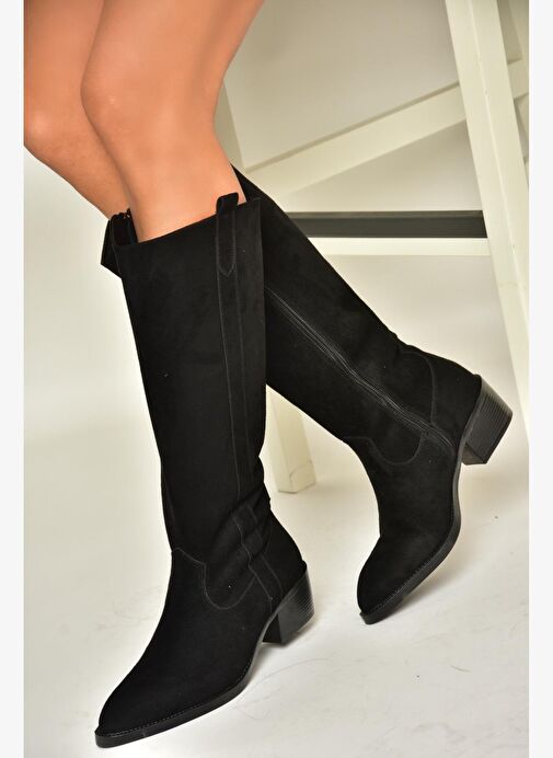 T480142802 Siyah Süet Alçak Topuklu Kadın Çizme - Görsel 6