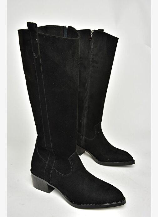 T480142802 Siyah Süet Alçak Topuklu Kadın Çizme - Görsel 7