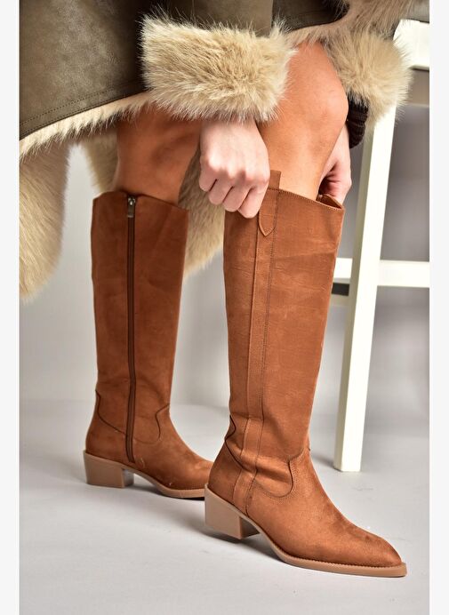 T480142802 Taba Süet Alçak Topuklu Kadın Çizme - Görsel 4