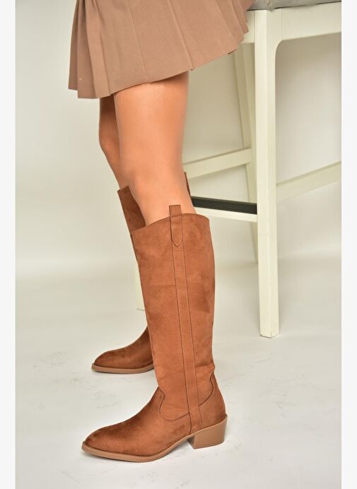 T480142802 Taba Süet Alçak Topuklu Kadın Çizme - Görsel 6