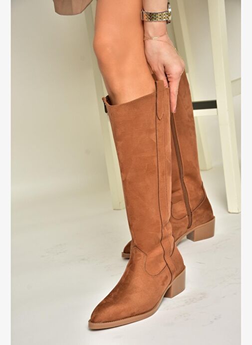 T480142802 Taba Süet Alçak Topuklu Kadın Çizme - Görsel 4