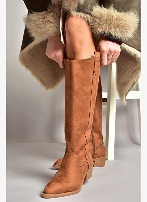 T480142802 Taba Süet Alçak Topuklu Kadın Çizme - Görsel 3