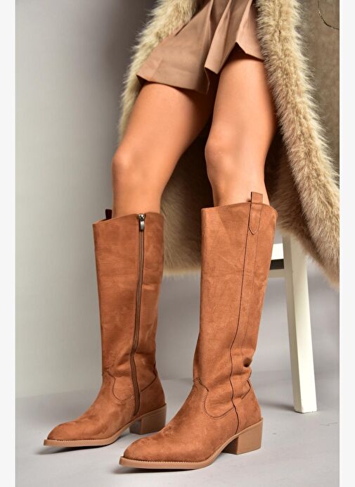 T480142802 Taba Süet Alçak Topuklu Kadın Çizme - Görsel 2