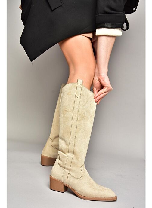 T480142802 Ten Süet Alçak Topuklu Kadın Çizme - Görsel 2