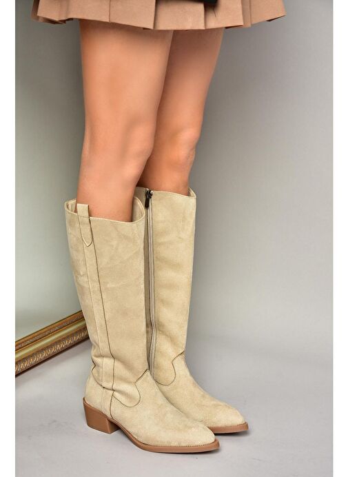 T480142802 Ten Süet Alçak Topuklu Kadın Çizme - Görsel 5