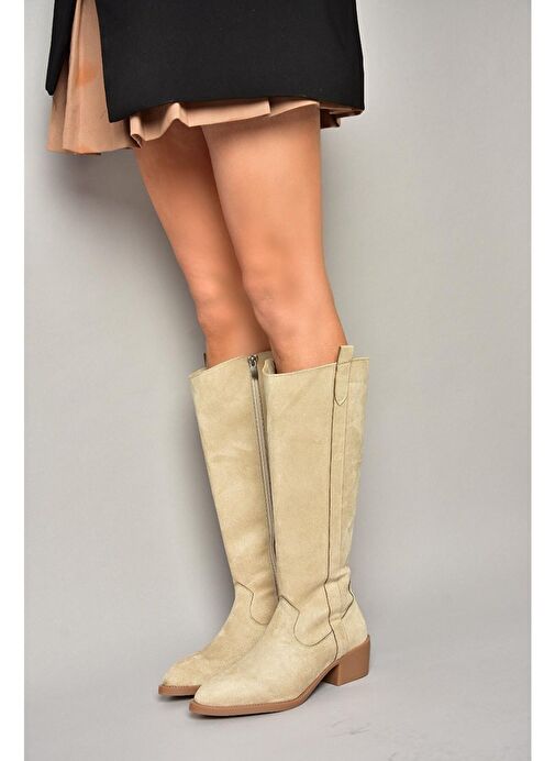 T480142802 Ten Süet Alçak Topuklu Kadın Çizme - Görsel 6