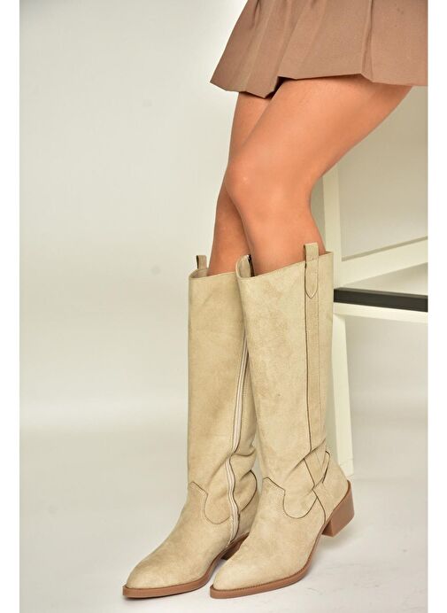 T480142802 Ten Süet Alçak Topuklu Kadın Çizme - Görsel 8