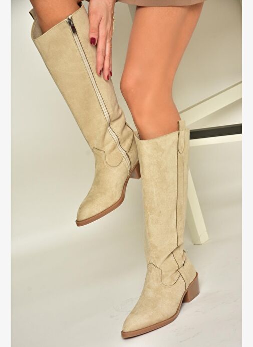 T480142802 Ten Süet Alçak Topuklu Kadın Çizme - Görsel 6