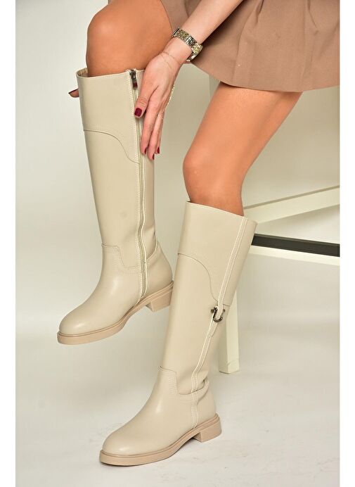 T973600609 Bej Düz Taban Kadın Çizme - Görsel 2