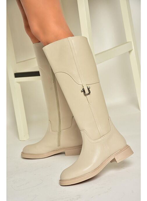 T973600609 Bej Düz Taban Kadın Çizme - Görsel 4