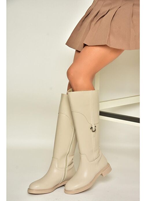 T973600609 Bej Düz Taban Kadın Çizme - Görsel 5