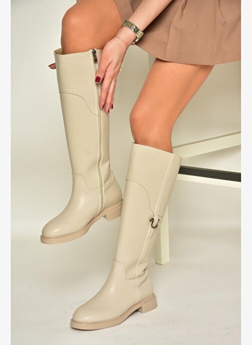 T973600609 Bej Düz Taban Kadın Çizme - Görsel 2