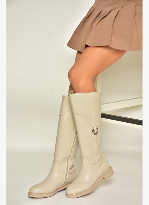 T973600609 Bej Düz Taban Kadın Çizme - Görsel 5