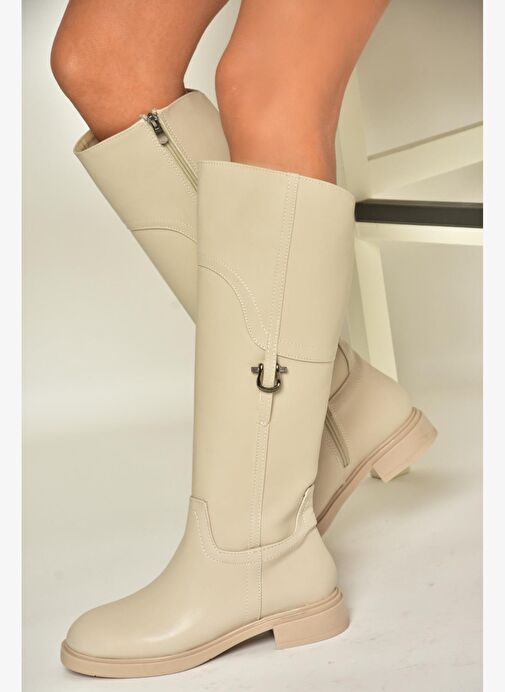 T973600609 Bej Düz Taban Kadın Çizme - Görsel 6