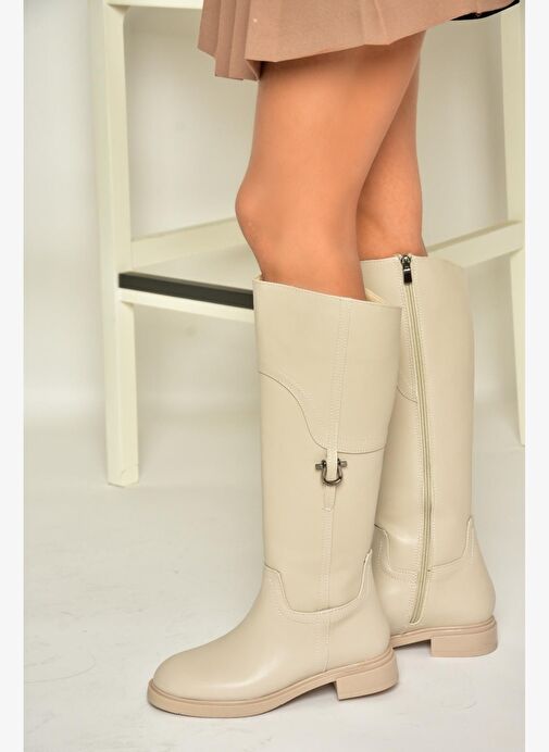 T973600609 Bej Düz Taban Kadın Çizme - Görsel 3
