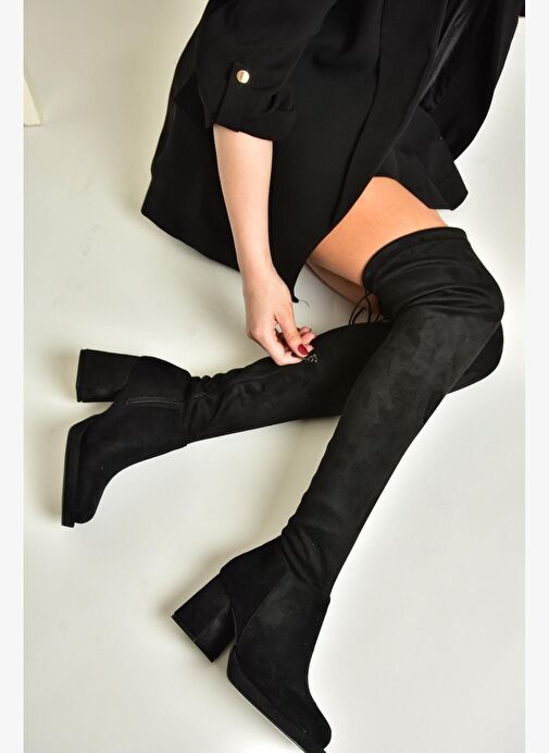 T282520002 Siyah Süet Kalın Topuklu Kadın Çorap Çizme - Görsel 2