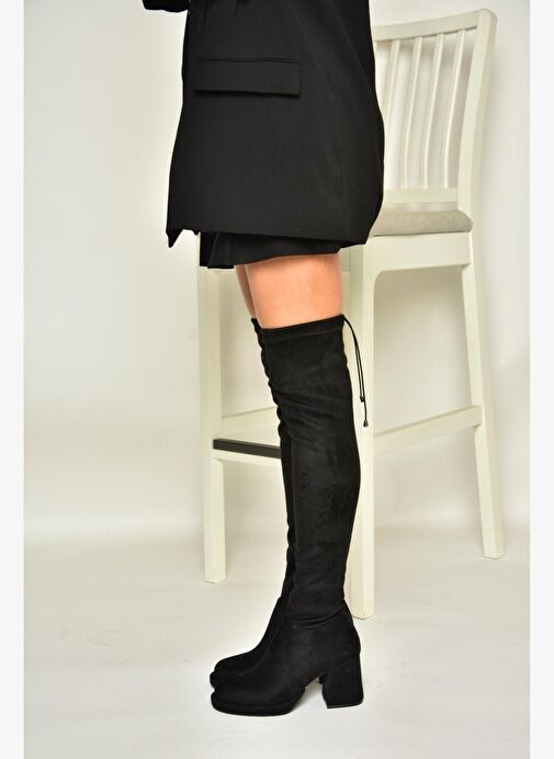 T282520002 Siyah Süet Kalın Topuklu Kadın Çorap Çizme - Görsel 3