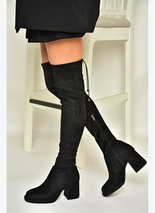 T282520002 Siyah Süet Kalın Topuklu Kadın Çorap Çizme - Görsel 4