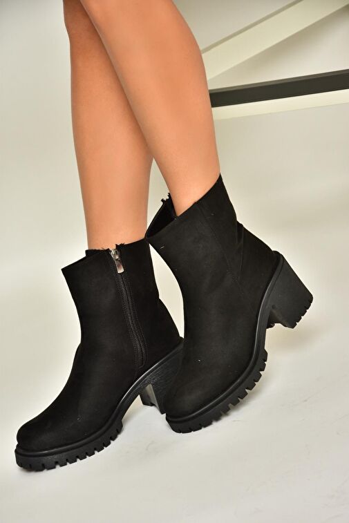 T726911102 Siyah Süet Kalın Topuklu Kadın Bot - Görsel 4