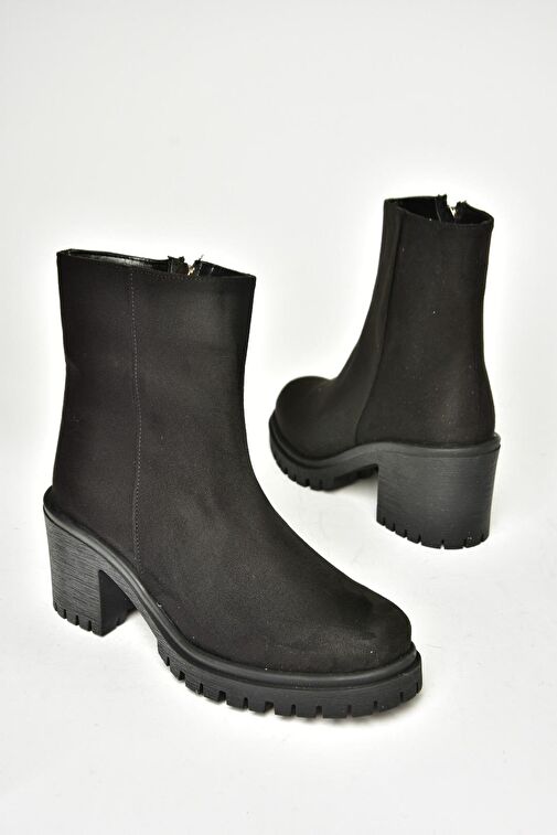 T726911102 Siyah Süet Kalın Topuklu Kadın Bot - Görsel 8