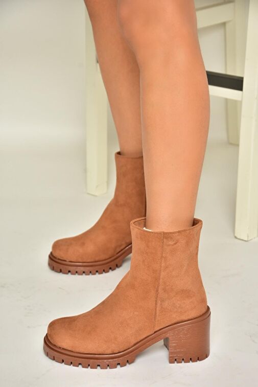 T726911102 Taba Süet Kalın Topuklu Kadın Bot - Görsel 2