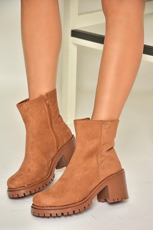 T726911102 Taba Süet Kalın Topuklu Kadın Bot - Görsel 4