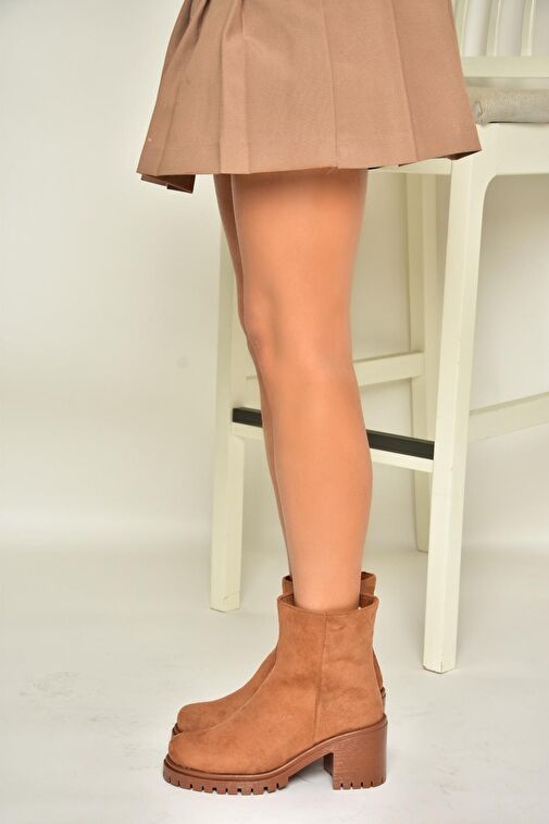 T726911102 Taba Süet Kalın Topuklu Kadın Bot - Görsel 5