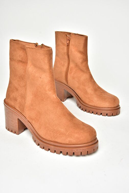 T726911102 Taba Süet Kalın Topuklu Kadın Bot - Görsel 7
