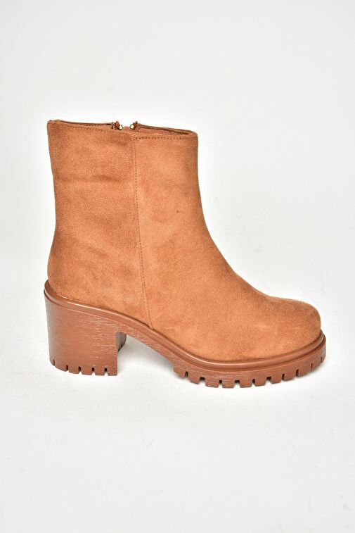 T726911102 Taba Süet Kalın Topuklu Kadın Bot - Görsel 8