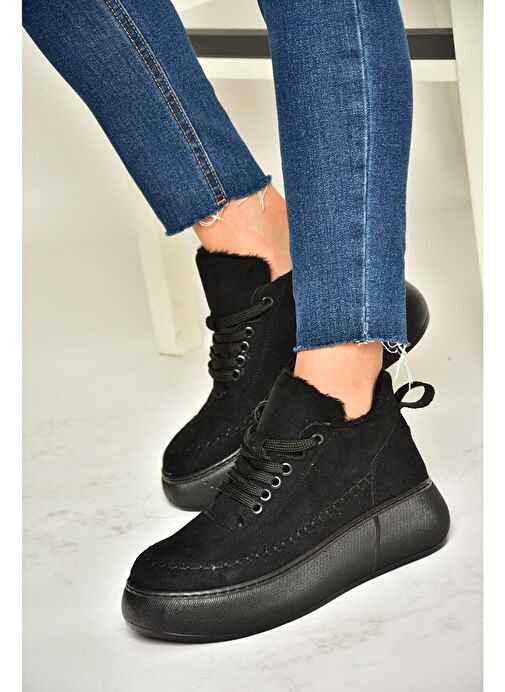 T811845302 Siyah Süet Kalın Tabanlı Kadın Ayakkabı - Görsel 2
